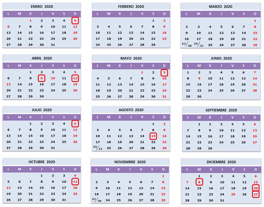 Calendario 2020 Festivos apertura